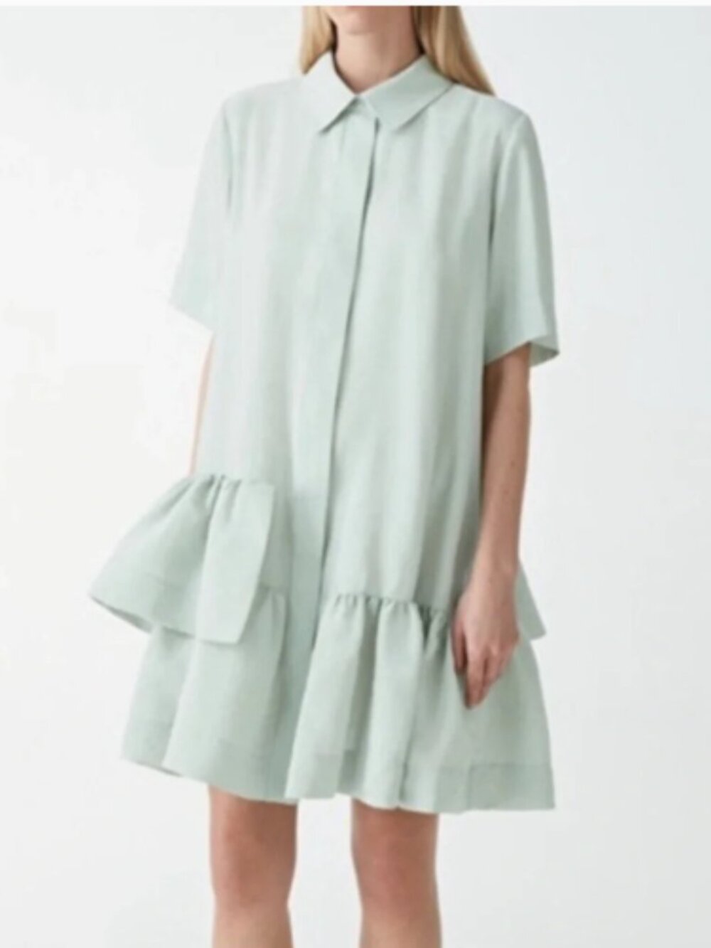 COS Pale Moss Green Button Up Shirt Dress with Asymmetric Ruffle Hem US 6 / M